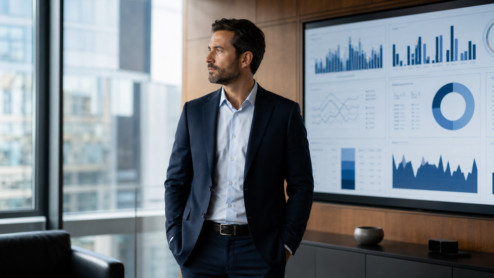 CFO Analyzing Financial Dashboards in Modern Office