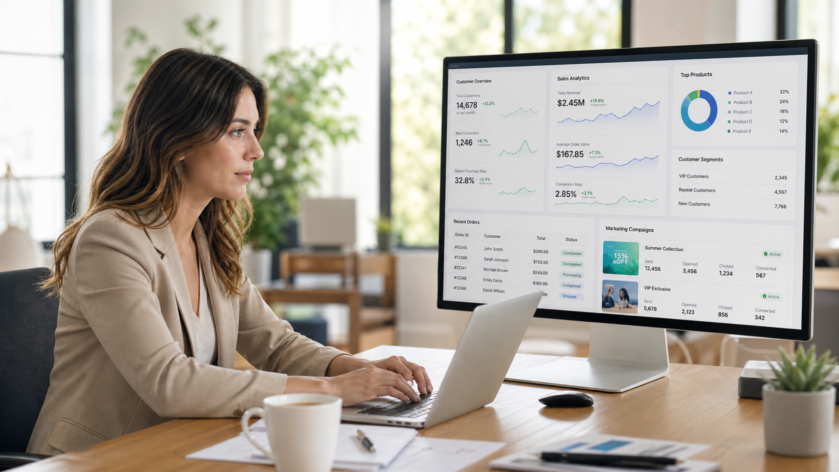 ECommerce Manager Reviewing Analytics on Large Monitor