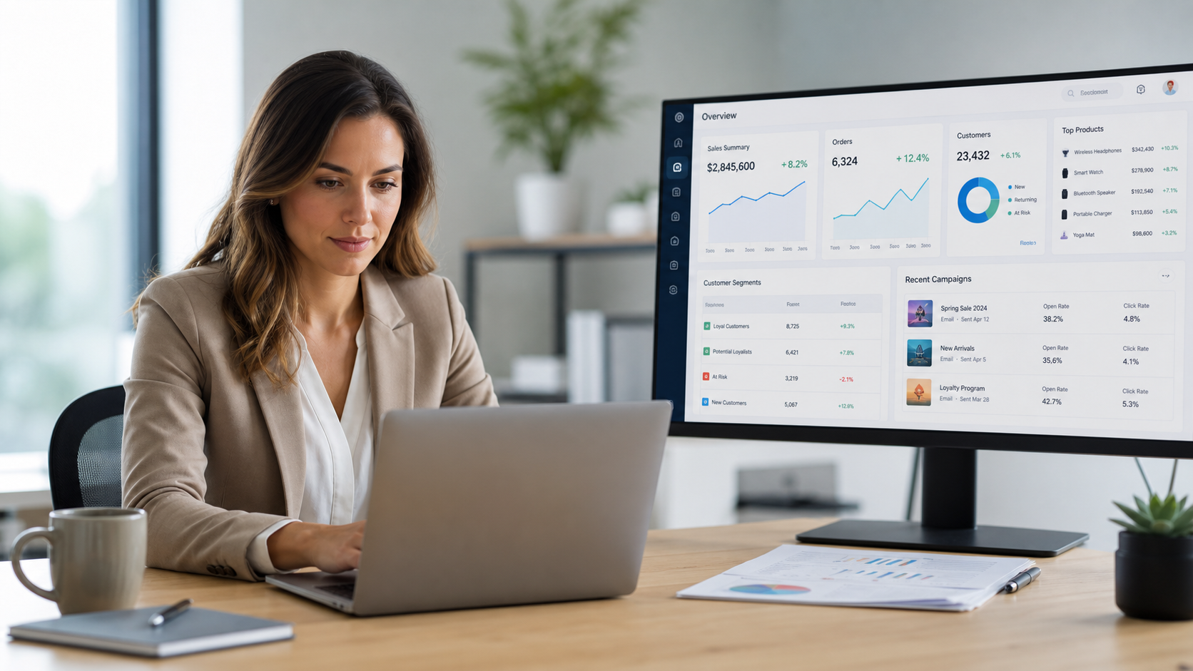 ECommerce Manager Reviewing Data on Modern Desk