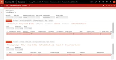 Truvio Banking and Treasury Automation in Microsoft Dynamics 365 showing an eSettlement/lockbox workbench for processing customer payments, settlements, and journals.