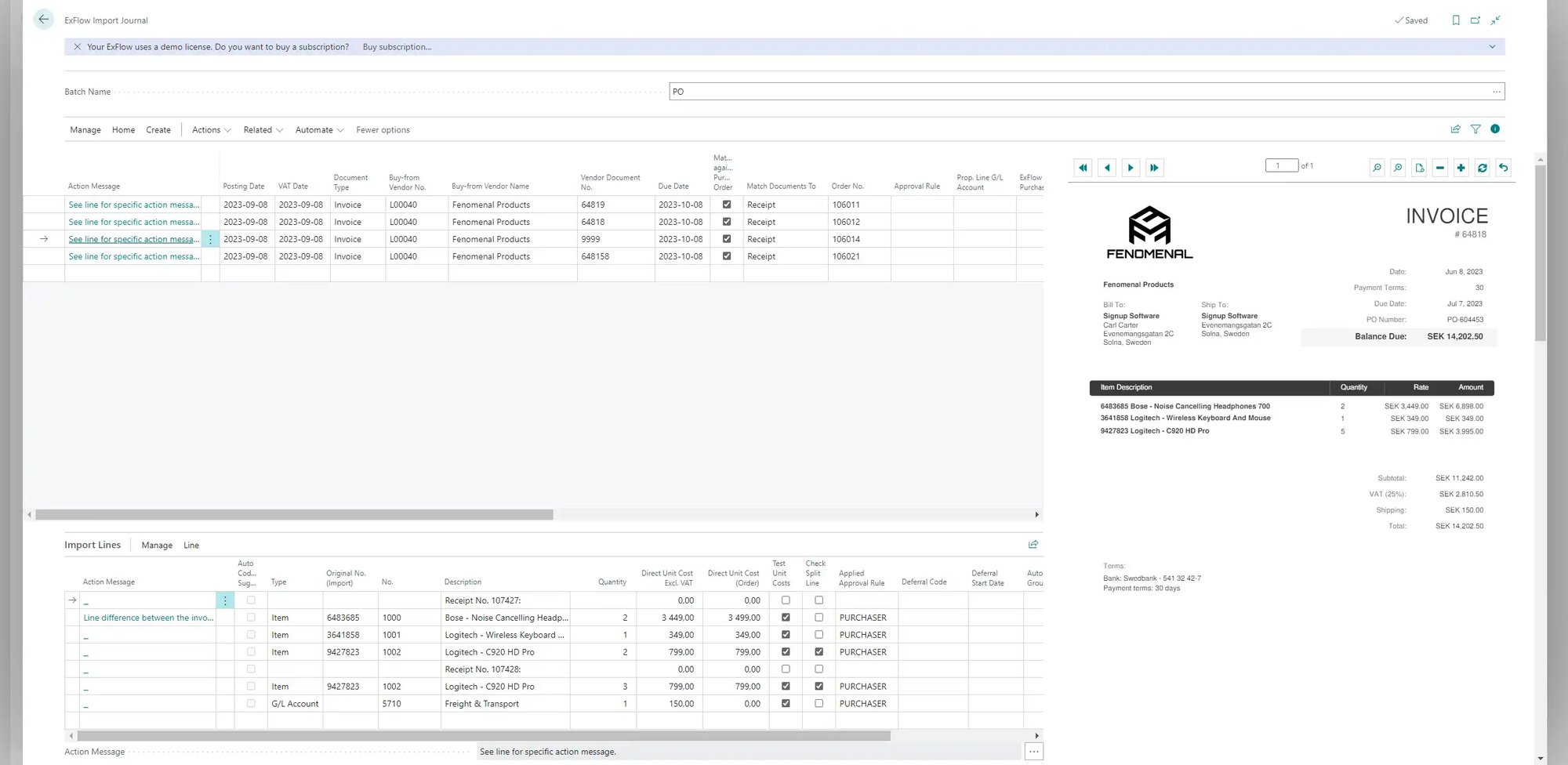 Screenshot of the ExFlow Import Journal in Microsoft Dynamics 365 Finance and Operations, showing a list of imported vendor invoices and line details on the left, with a detailed supplier invoice preview displayed on the right.