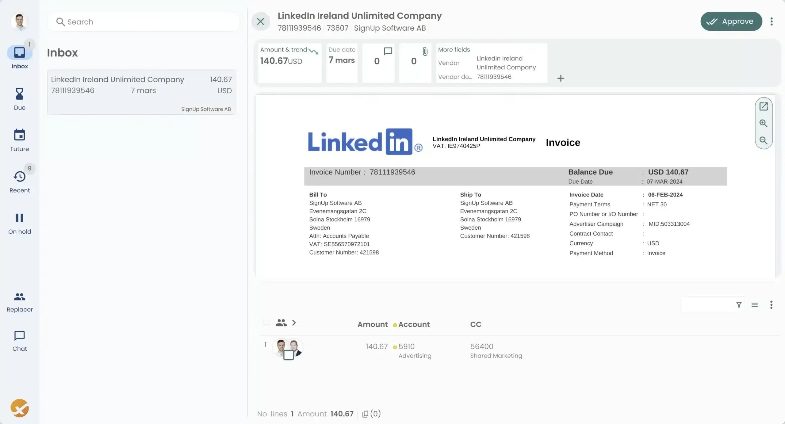 Truvio AP Automation for Microsoft Dynamics 365 Business Central showing an invoice approval inbox with a LinkedIn vendor invoice preview, amount, due date, and approval details.