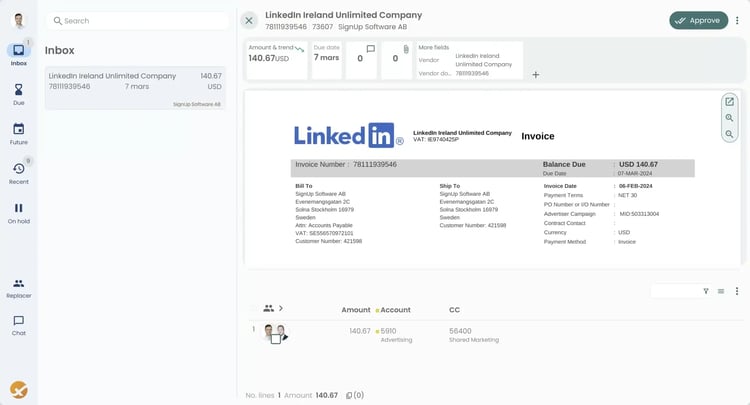 Truvio AP Automation for Microsoft Dynamics 365 Business Central showing an invoice approval inbox with a LinkedIn vendor invoice preview, amount, due date, and approval details.