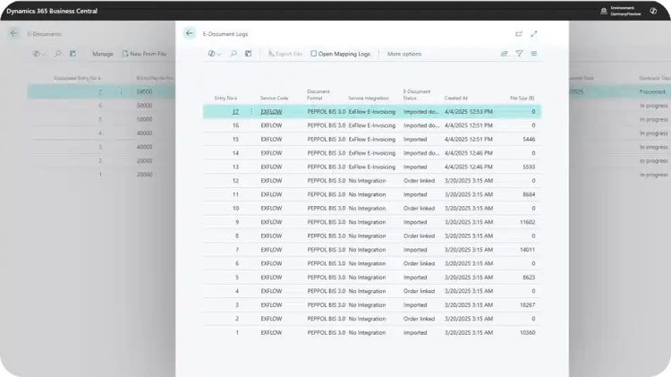 Truvio E-Invoicing in Microsoft Dynamics 365 Business Central showing E-Document Logs with imported PEPPOL BIS 3.0 e-invoicing records, statuses, timestamps, and file sizes.