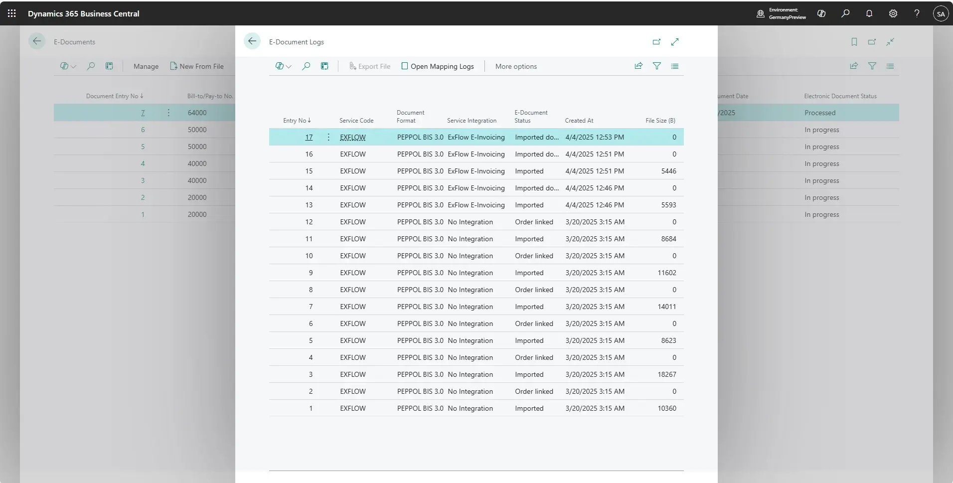 Dynamics 365 Business Central screen showing Truvio E-Document Service setup with service integration options and import parameters.