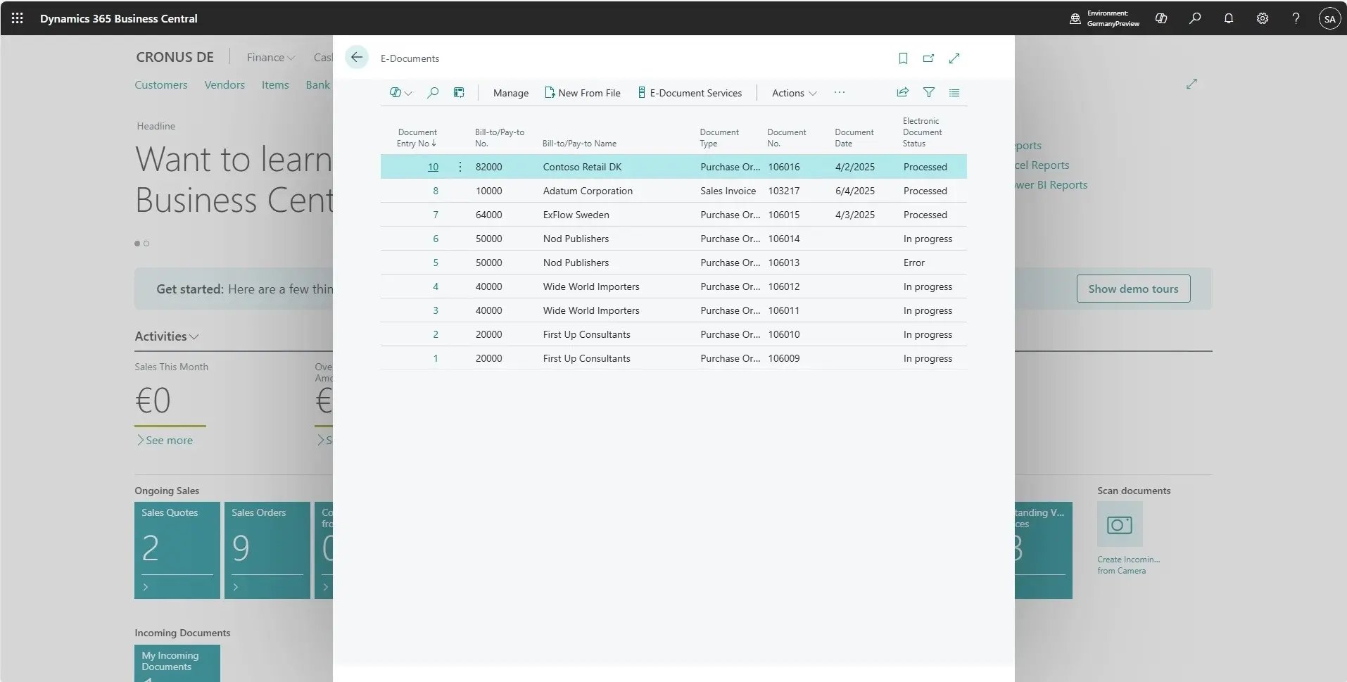 Dynamics 365 Business Central E-Documents list showing electronic document entries with bill-to/pay-to details, document types, dates, and processing status.