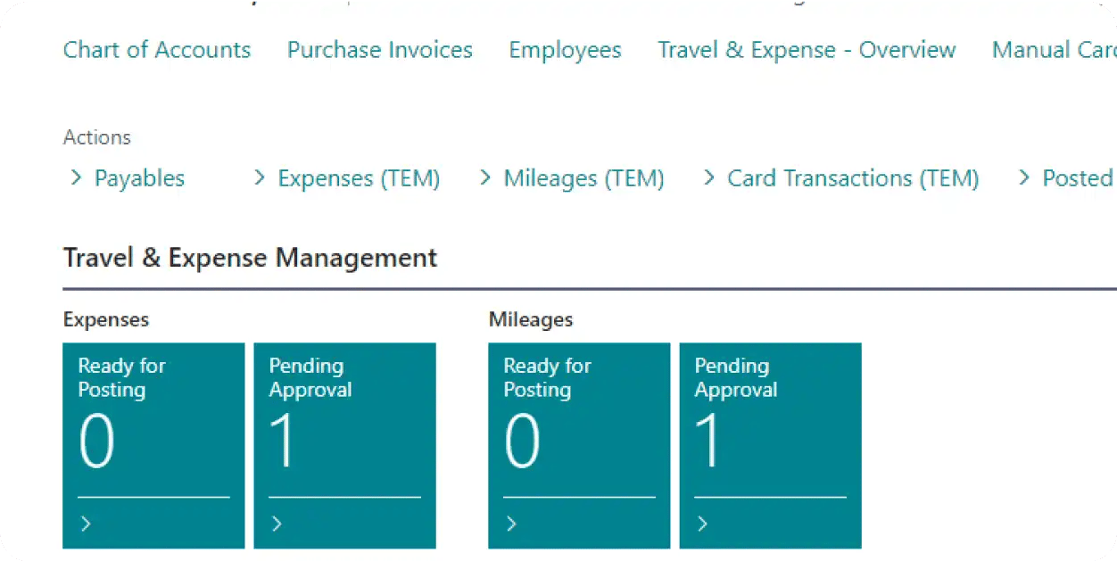 Truvio Expense Management Travel &amp; Expense dashboard showing expenses and mileage pending approval.