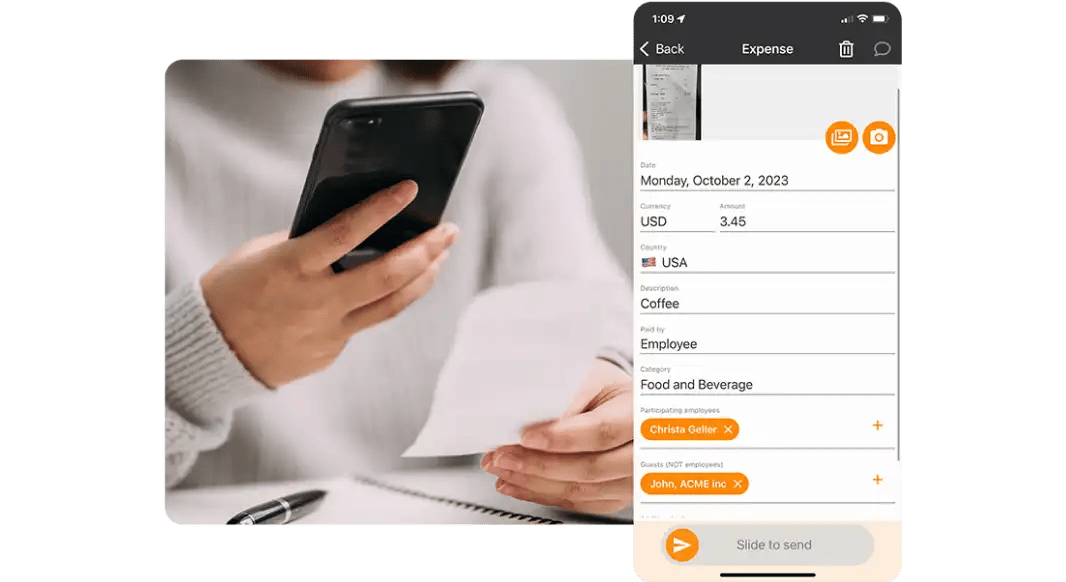 Mobile expense capture and submission interface of Truvio Expense Management for Microsoft Dynamics 365 Business Central, showing a user photographing a receipt and entering expense details.