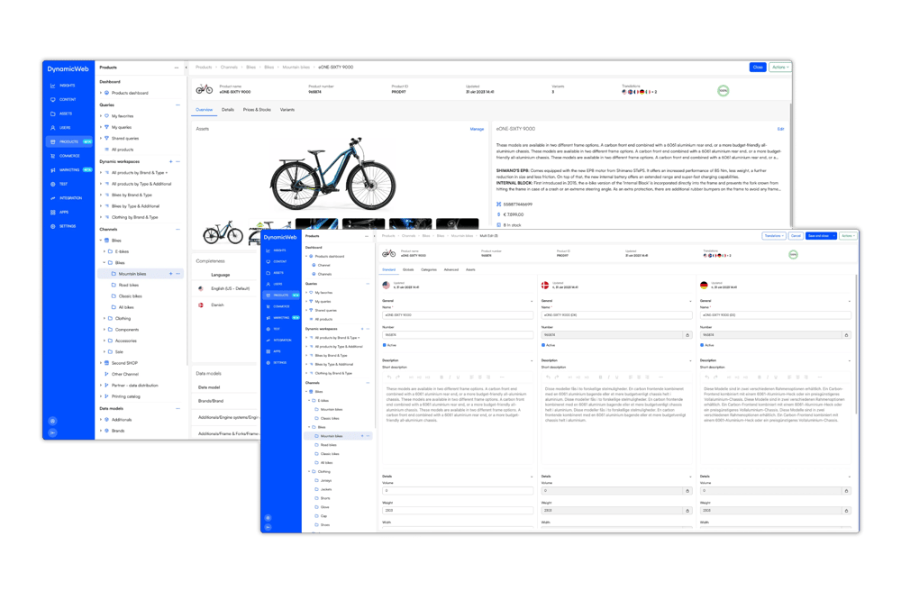 Screenshot of the DynamicWeb product management interface, showing a bicycle product page with images, descriptions, pricing, variants, and multilingual content fields displayed across multiple panels.