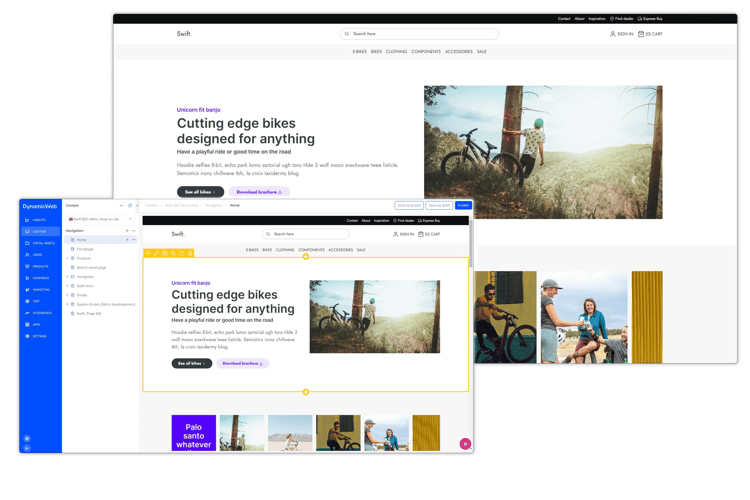 DynamicWeb CMS showing a website editor alongside a live e-commerce storefront, with page layout editing, content blocks, and a preview of a bicycle brand homepage.