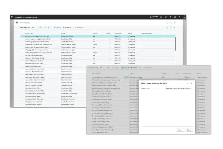 Truvio PIM powered by DynamicWeb in Microsoft Dynamics 365 Business Central, showing field mapping and item attribute selection.