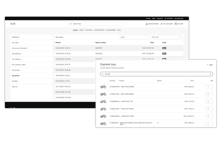 DynamicWeb B2B Ecommerce showing a customer account portal with quote management and an express buy interface for quickly searching products, viewing prices, and adding items to a quote or order.