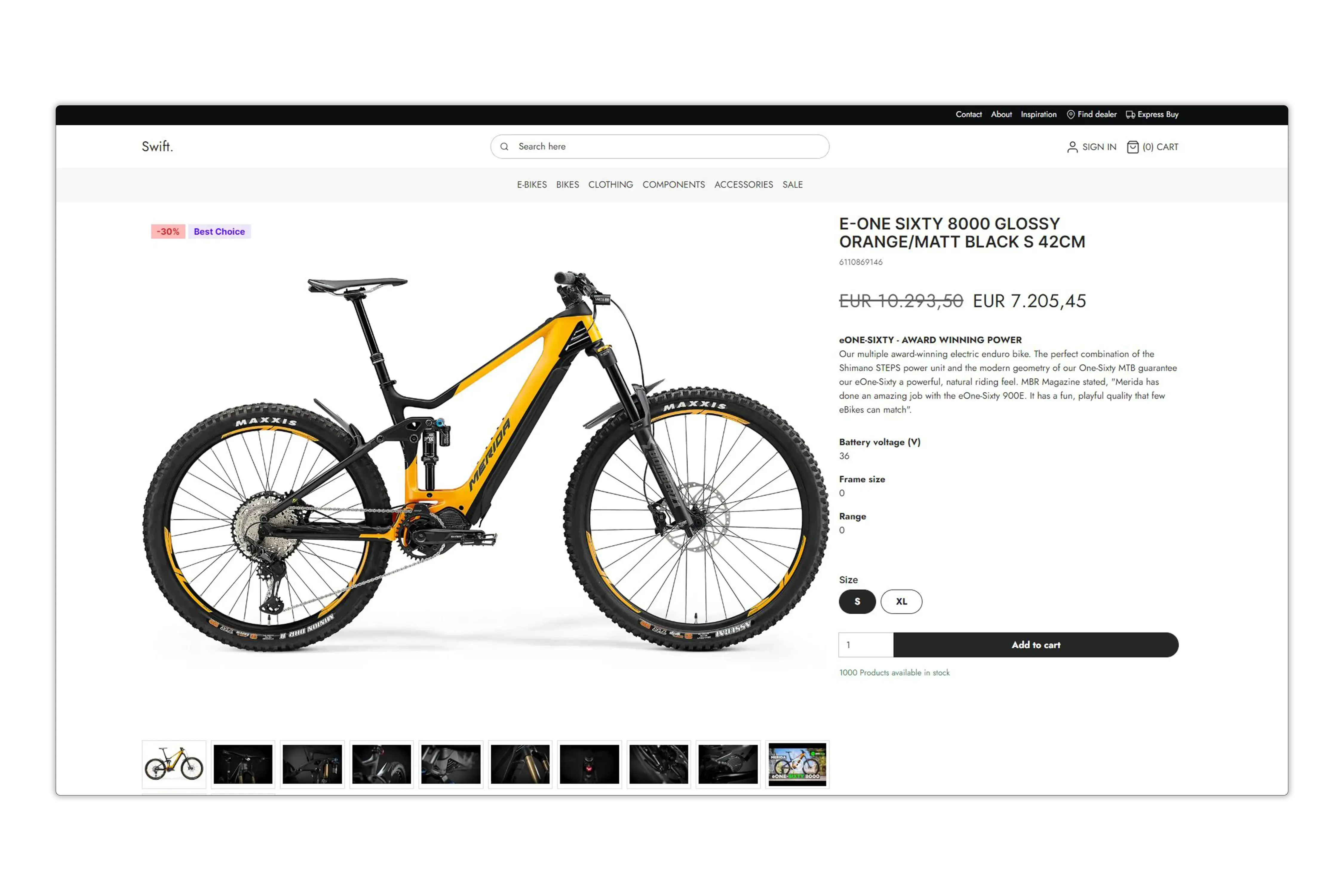 E-commerce product page displaying an electric mountain bike in orange and black, with product images, pricing, size options, specifications, and an add-to-cart button.