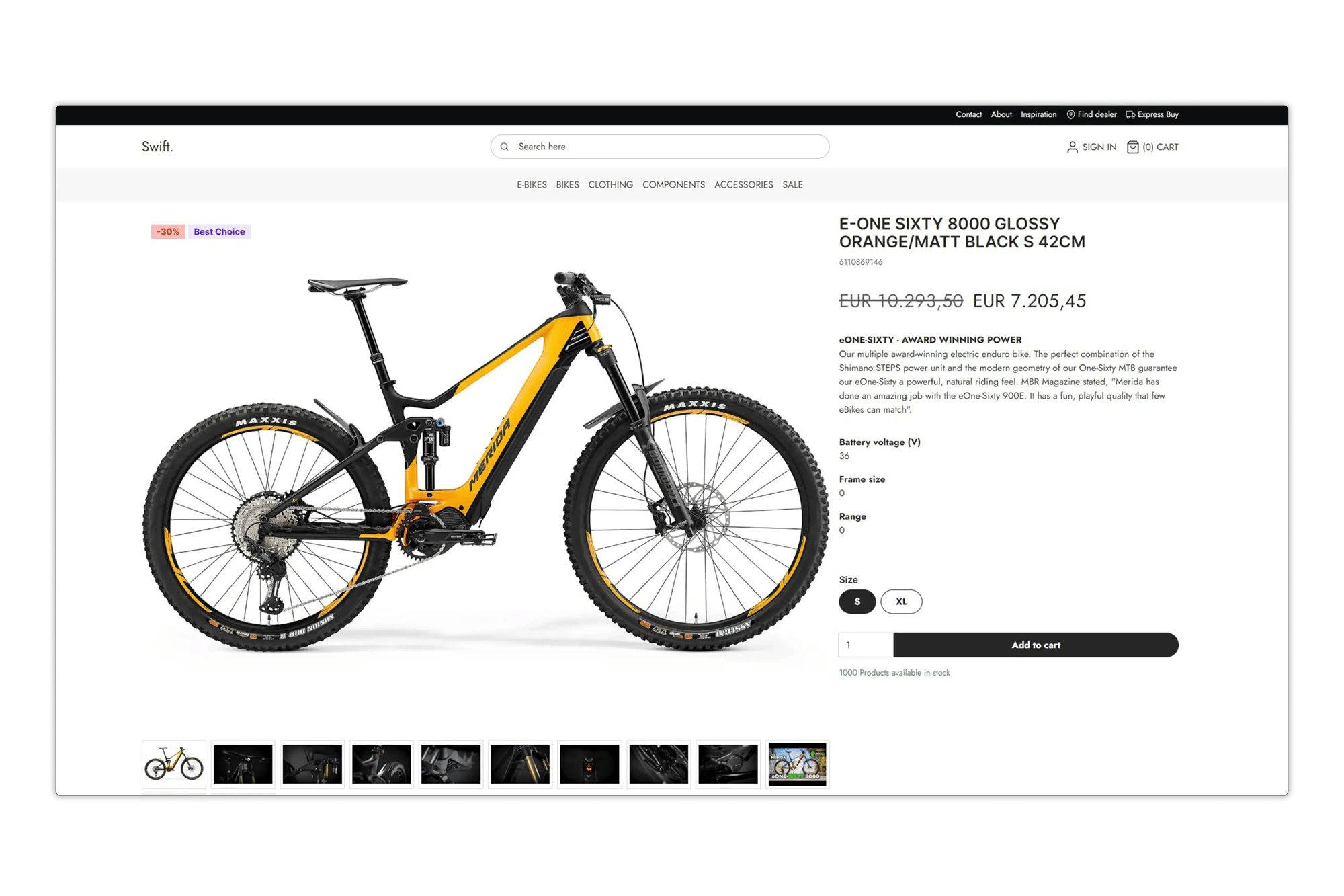E-commerce product page displaying an electric mountain bike in orange and black, with product images, pricing, size options, specifications, and an add-to-cart button.