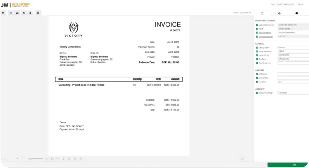 Truvio Invoice Data Capture software showcasing an invoice and mapped fields.