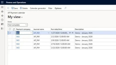 Screenshot of SKSoft Advanced Treasury in Dynamics 365 Finance and Operations showing the AP Payment calendar list with scheduled run dates for payment company SKG.