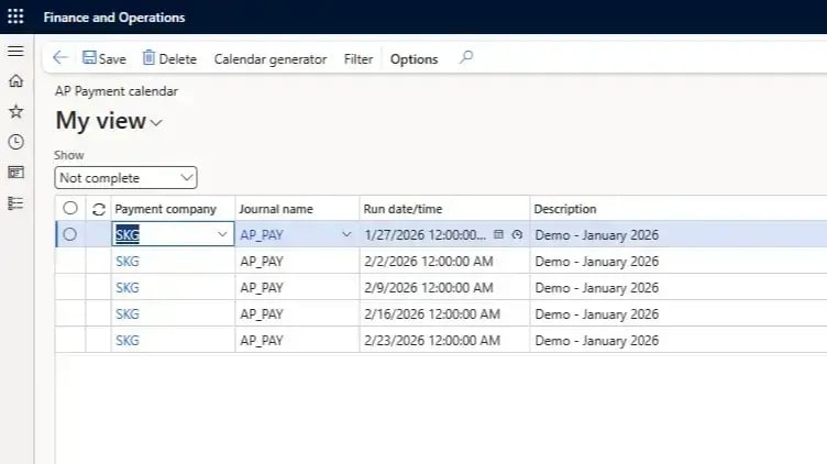 Screenshot of SKSoft Advanced Treasury in Dynamics 365 Finance and Operations showing the AP Payment calendar list with scheduled run dates for payment company SKG.