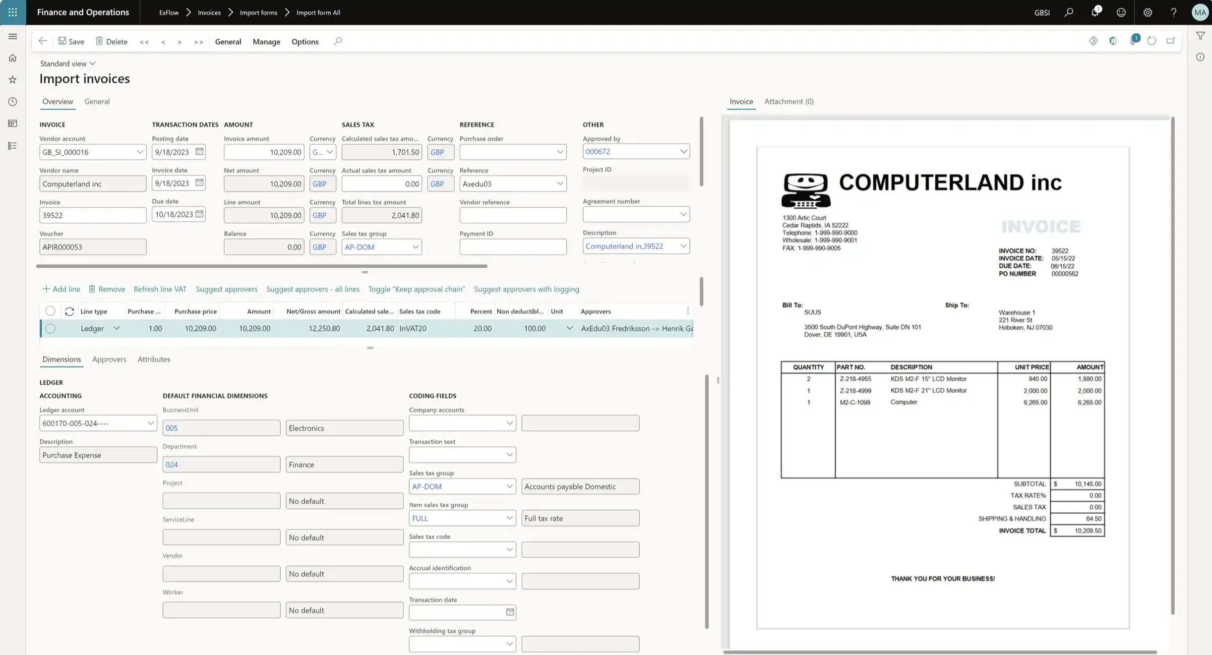 Screenshot of Microsoft Dynamics 365 Finance and Operations showing the “Import invoices” screen, with invoice details and accounting fields on the left and a scanned supplier invoice preview displayed on the right.