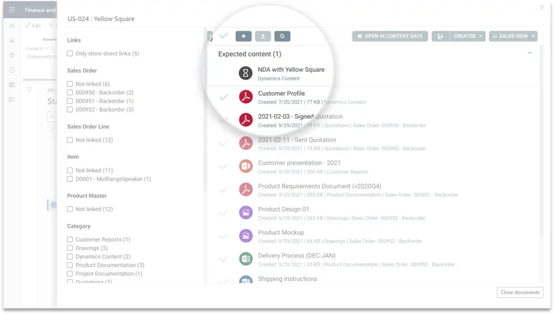 Axtension Content Gate in Microsoft Dynamics 365 Finance and Operations showing expected customer documents such as an NDA, quotations, profiles, and product documentation linked to a sales order.