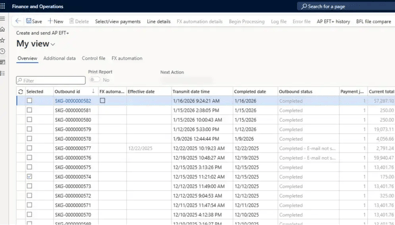 Screenshot of Payment Automation by SKSoft in Microsoft Dynamics 365 Finance and Operations showing the “Create and send AP EFT+” page.