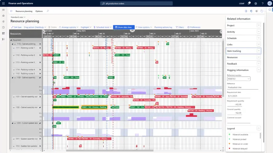 Axtension Production Planning in Microsoft Dynamics 365 Finance and Operations showing a Gantt-style schedule with production orders, operations, and resource allocations across a timeline.
