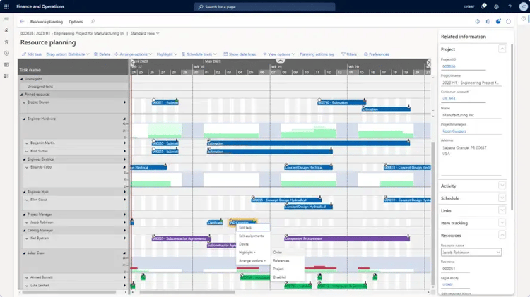 Axtension Project Management in Microsoft Dynamics 365 Finance and Operations showing a resource planning Gantt view with project tasks, timelines, and resource assignments.