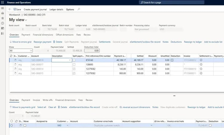 Screenshot of SKSoft Bank Reconciliation and Settlement in Microsoft Dynamics 365 Finance and Operations, showing the Create payment journal workbench