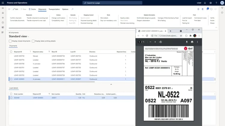 Axtension Shipping Labels in Microsoft Dynamics 365 Finance and Operations showing a shipment list with a generated carrier shipping label preview displayed alongside the shipment details.
