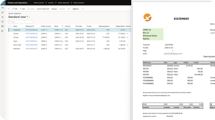 Truvio Vendor Statement screenshot within Microsoft Dynamics 365 Finance and Operations. Showing a vendor statement list with balances on the left and a vendor statement document preview with transactions on the right.