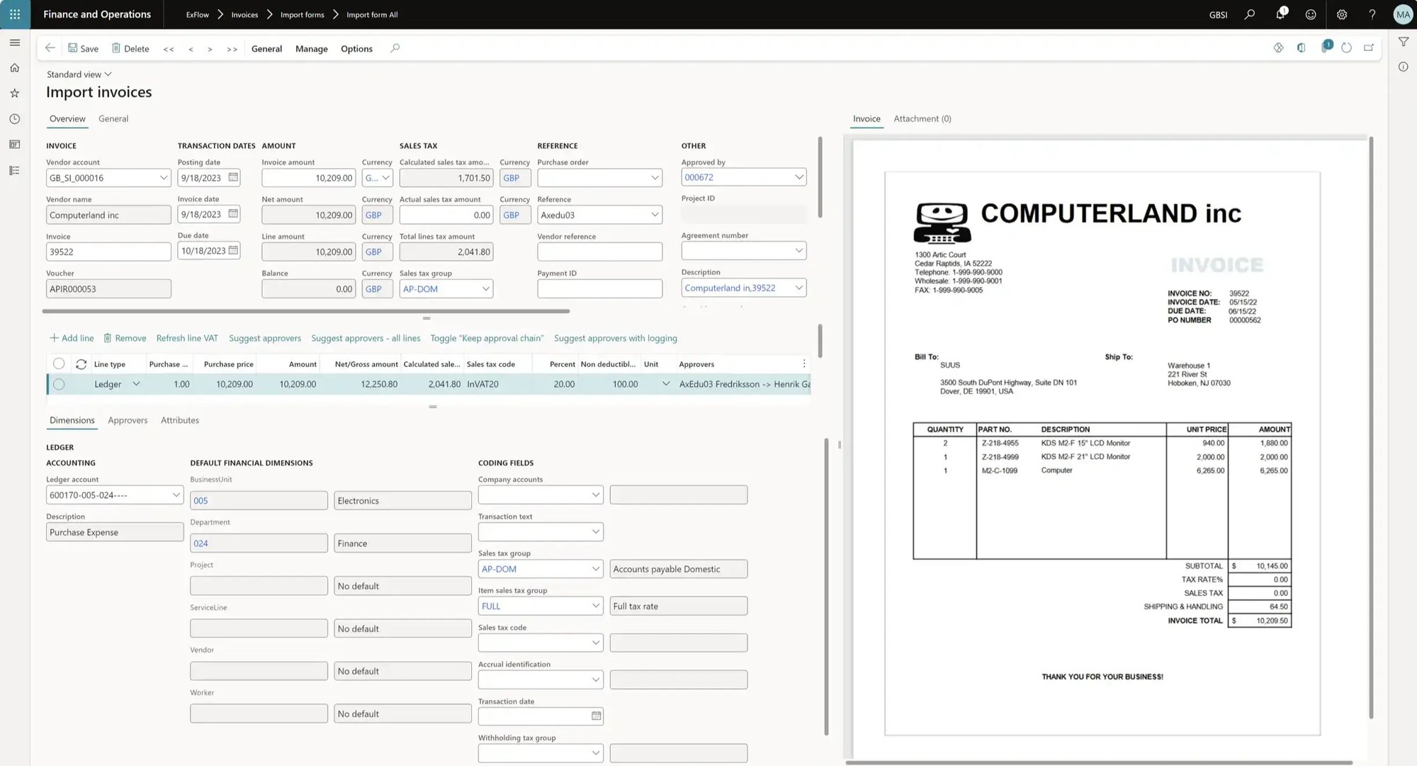 Screenshot of Microsoft Dynamics 365 Finance and Operations showing the “Import invoices” screen, with invoice details and accounting fields on the left and a scanned supplier invoice preview displayed on the right.