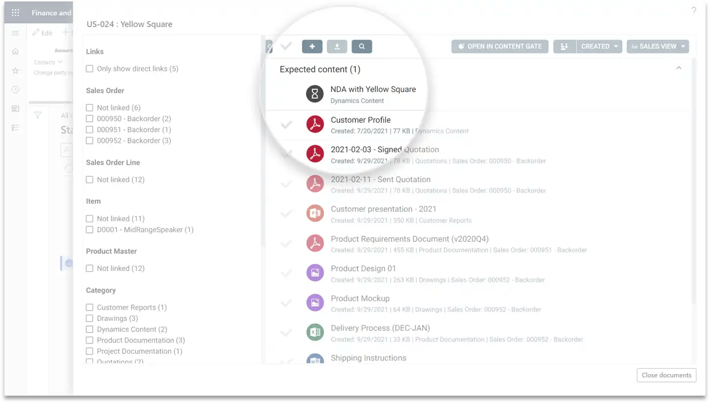 Axtension Content Gate in Microsoft Dynamics 365 Finance and Operations showing expected customer documents such as an NDA, quotations, profiles, and product documentation linked to a sales order.