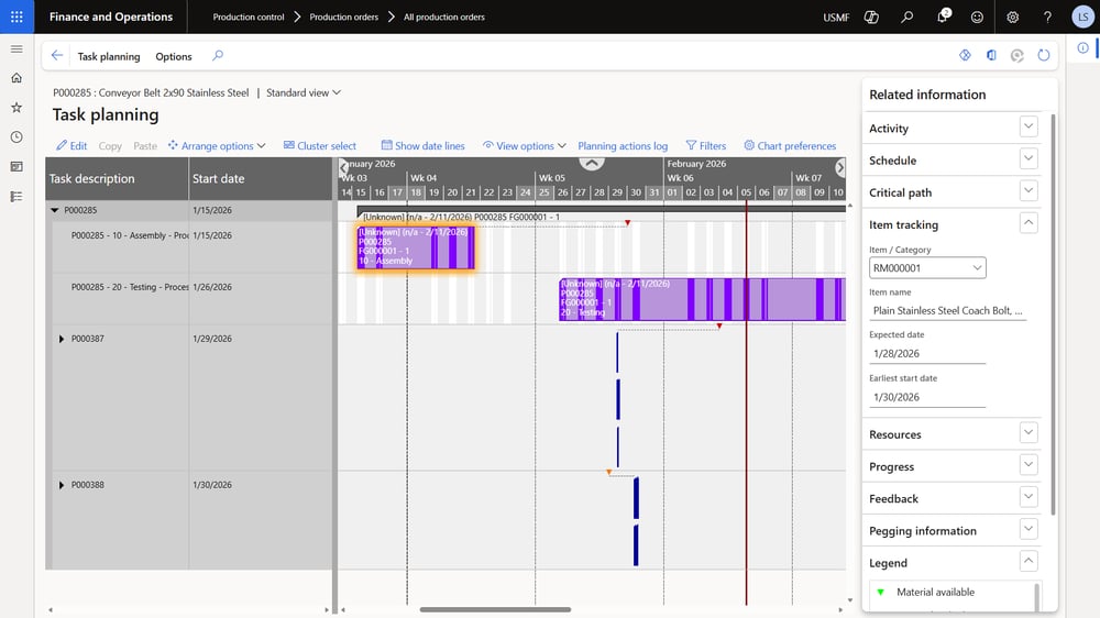 Truvio Production Planning task planning view showing production order activities, schedules, and item tracking in Microsoft Dynamics 365 Finance and Operations.