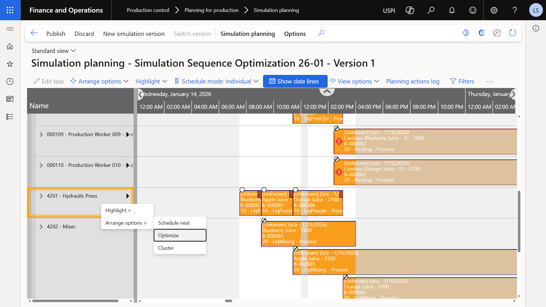 Truvio Production Planning simulation planning view showing optimized production sequences, resource scheduling, and time-based operations in Microsoft Dynamics 365 Finance and Operations.