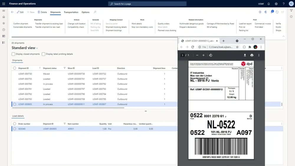 Truvio Shipping Labels in Microsoft Dynamics 365 Finance and Operations showing a shipment list with a generated carrier shipping label preview displayed alongside the shipment details.