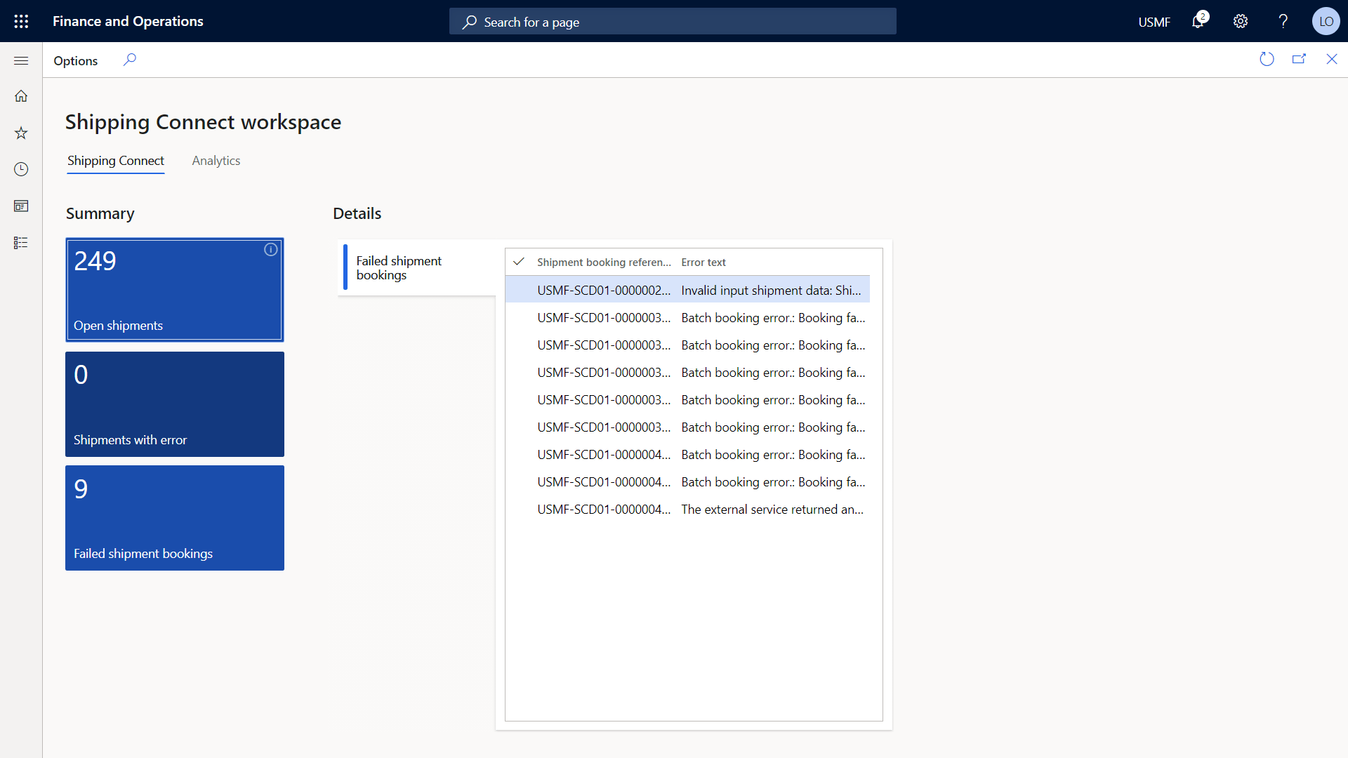 Truvio Shipping Connect workspace showing open shipments, failed shipment bookings, and booking error details in Microsoft Dynamics 365 Finance and Operations.