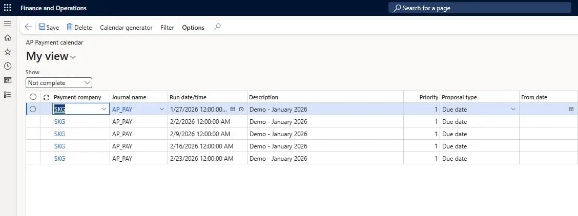 Truvio Advanced Treasury interface showing AP payment calendar in Microsoft Dynamics 365 Finance and Operations, with scheduled payment runs, due dates, journal details, and priority settings for treasury and cash management.