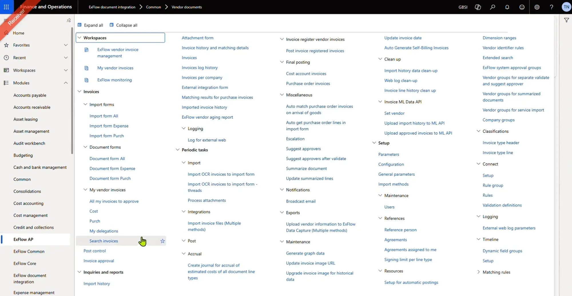 Microsoft Dynamics 365 Finance and Operations with Truvio AP workspace, showing invoice processing, import forms, approvals, and integration setup options.